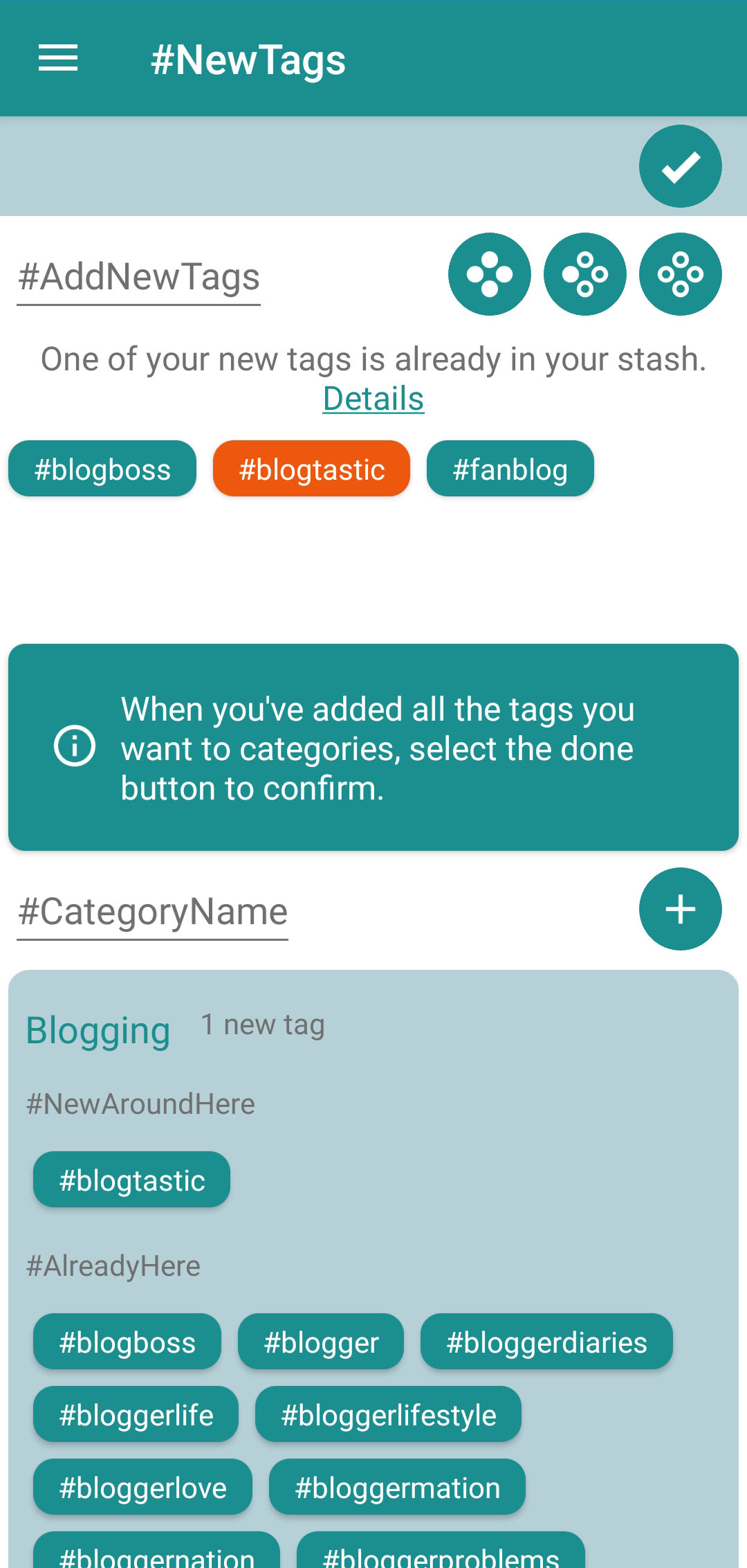 A screenshot of the tagpie app showing tags being added to categories